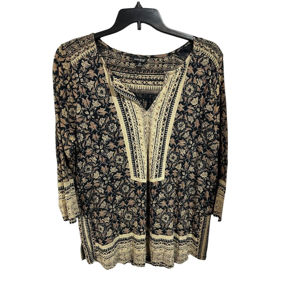 Lucky Brand Black and Cream Floral V-Neck Tunic